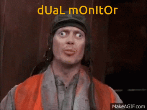 A Man Is Wearing A Helmet And An Orange Vest And The Words Dual Monitor Are Above Him GIF