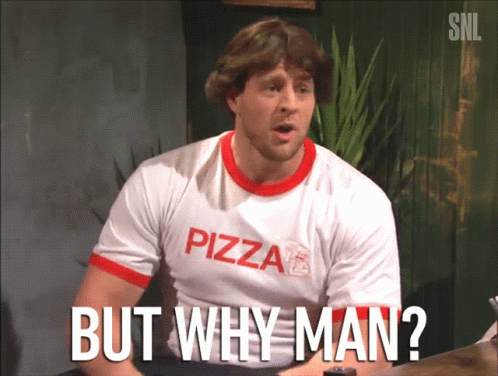 A Man Is Wearing A Pizza Shirt And Says But Why Man GIF