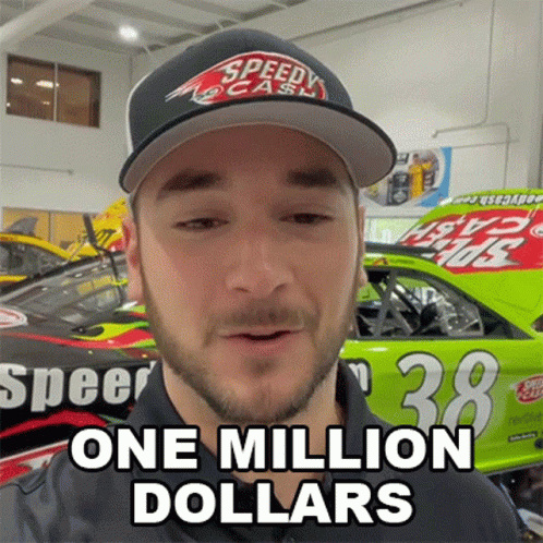 A Man Is Wearing A Speedy Cash Hat And Says One Million Dollars GIF