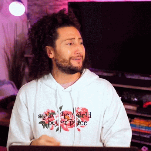 A Man Is Wearing A White Hoodie That Says Make The World Better Place GIF