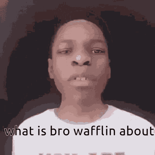 a man is wearing a white shirt that says what is bro wafflein about
