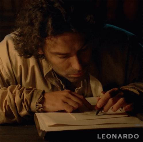 A Man Is Writing In A Book With The Name Leonardo On The Bottom Right GIF