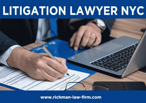 A Man Is Writing On A Piece Of Paper In Front Of A Laptop And The Words Litigation Lawyer Nyc GIF