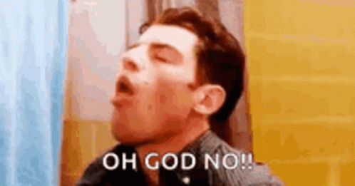 A Man Is Yawning In A Bathroom With His Mouth Open And The Words `` Oh God No '' Written On His Face . GIF