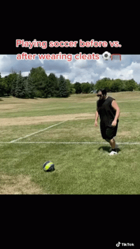 A Man Kicking A Soccer Ball On A Field With The Caption Playing Soccer Before Vs After Wearing Cleats GIF