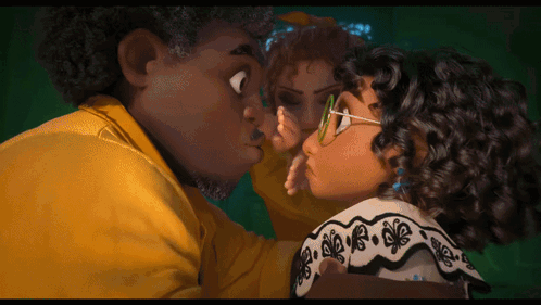 A Man Kisses A Woman On The Cheek In A Cartoon Scene GIF