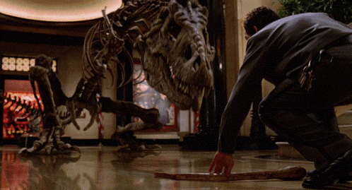 A Man Kneeling Down In Front Of A Dinosaur Skeleton With The Number 8888 On The Wall Behind Him GIF