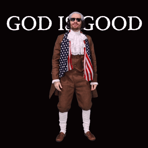 A Man Kneeling Down With His Arms In The Air And The Words God Is Good Above Him GIF