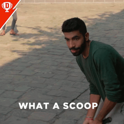 A Man Kneeling Down With The Words What A Scoop Written Below Him GIF