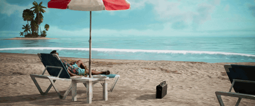 A Man Laying In A Chair Under An Umbrella On A Beach GIF