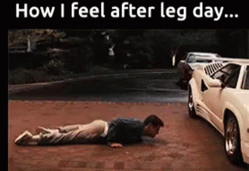 A Man Laying On The Ground Next To A Car With The Words How I Feel After Leg Day Written Above Him GIF