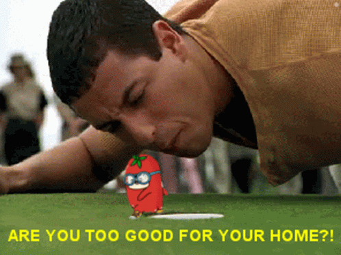 A Man Laying On The Ground With A Cartoon Tomato On The Green And The Words Are You Too Good For Your Home Below Him GIF
