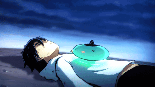 A Man Laying On The Ground With A Green Bird On His Shoulder GIF