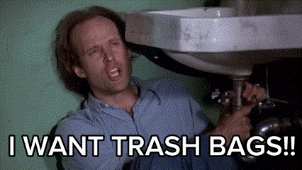 A Man Laying Under A Sink With The Words " I Want Trash Bags " On The Bottom GIF