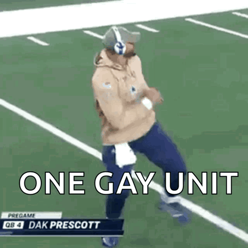 A Man On A Football Field With The Words One Gay Unit GIF