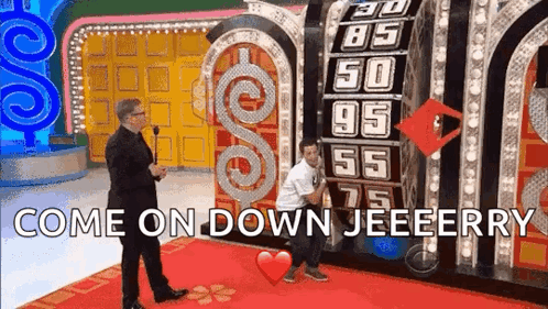 A Man On A Game Show With The Words Come On Down Jeeeerry Written On The Bottom GIF