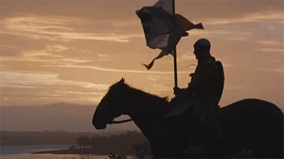 A Man On A Horse Holding A Flag With A Dragon On It GIF