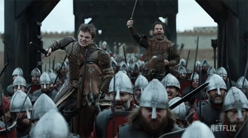 A Man On A Horse Is Surrounded By Soldiers With Netflix Written On The Bottom GIF