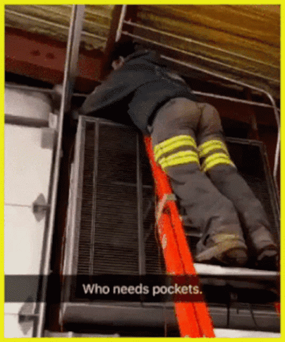 A Man On A Ladder With The Words Who Needs Pockets GIF