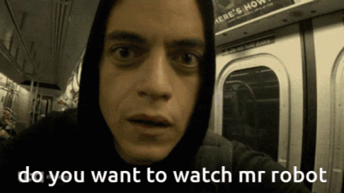 A Man On A Subway Train With The Words Do You Want To Watch Mr Robot GIF