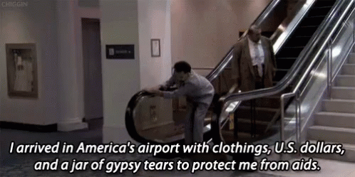 A Man On An Escalator With The Words " I Arrived In America 'S Airport With Clothings U.s. Dollars GIF