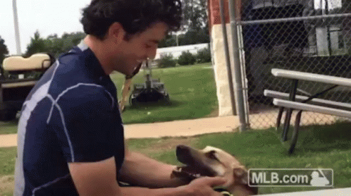 A Man Petting A Dog With Mlb.com Written On The Bottom GIF
