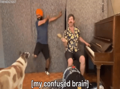 A Man Playing A Guitar And A Man Playing A Piano With The Words " My Confused Brain " On The Bottom GIF
