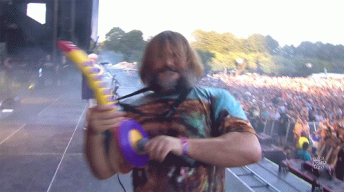 A Man Playing A Guitar In Front Of A Crowd At A Music Festival Sponsored By Nickelodeon GIF