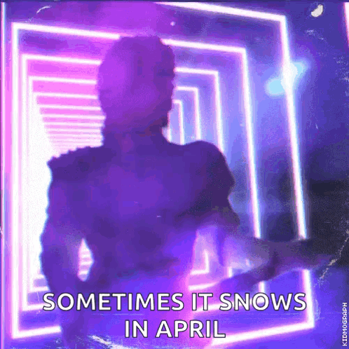 A Man Playing A Guitar In Front Of A Neon Sign That Says ' Sometimes It Snows In April ' GIF