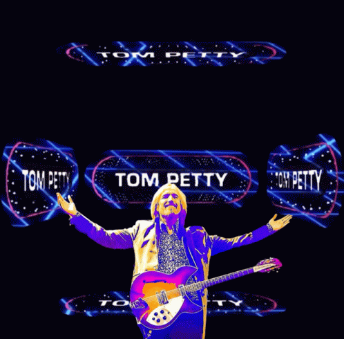 A Man Playing A Guitar In Front Of A Tom Petty Logo GIF