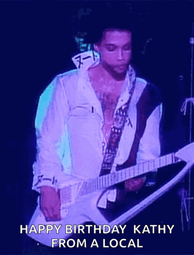 A Man Playing A Guitar With The Words Happy Birthday Kathy From A Local Above Him GIF