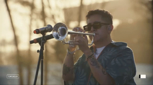 A Man Playing A Trumpet In Front Of A Microphone With A Cancel Button In The Corner GIF