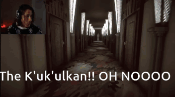 A Man Playing A Video Game In A Hallway With The Words The K ' Uk ' Ulkan !! Oh Nooo GIF