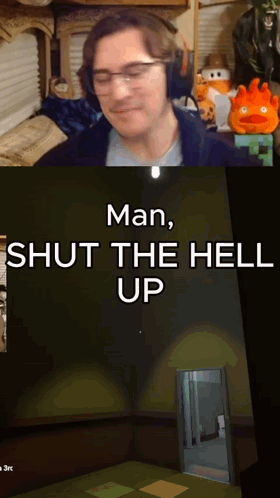 A Man Playing A Video Game With The Words " Man Shut The Hell Up " Above Him GIF