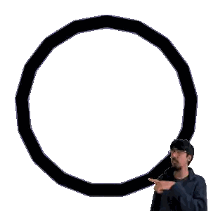 a man pointing at a yellow circle with a white background