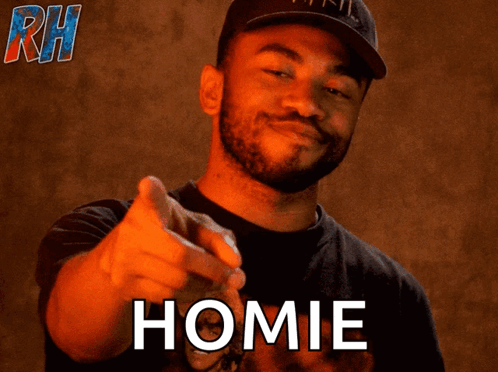A Man Pointing At The Camera With The Word Homie On The Bottom Right GIF