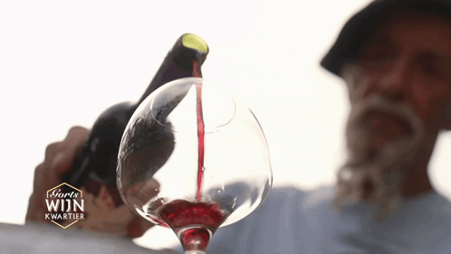 A Man Pouring Red Wine Into A Glass With The Word Wijn On The Bottom Right GIF