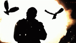 A Man Praying In Front Of A Fire With Birds Flying Around Him GIF