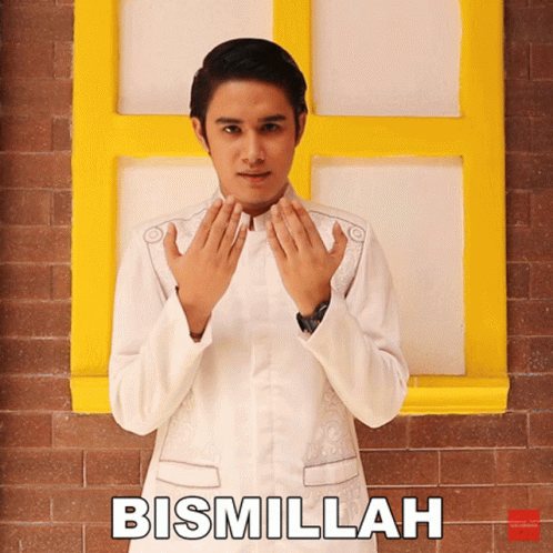 A Man Praying In Front Of A Yellow Window With The Word Bismillah On The Bottom Right GIF