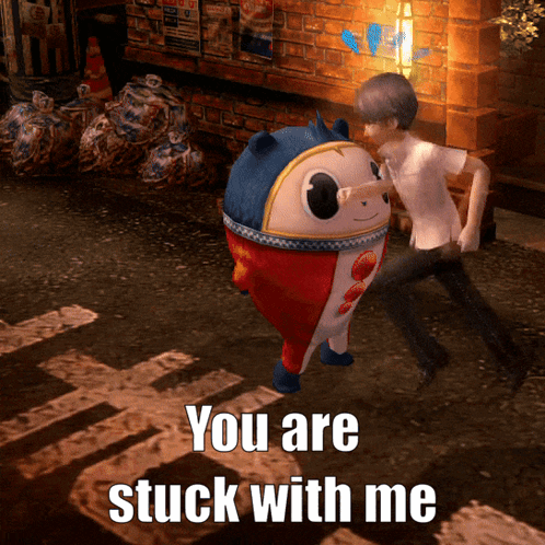 A Man Pushing A Stuffed Animal That Says " You Are Stuck With Me " GIF