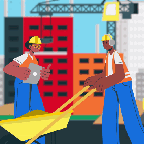 A Man Pushing A Wheelbarrow While Another Man Looks At A Tablet GIF