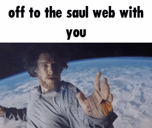 a man reaches out towards a butterfly with the words off to the saul web with you above him