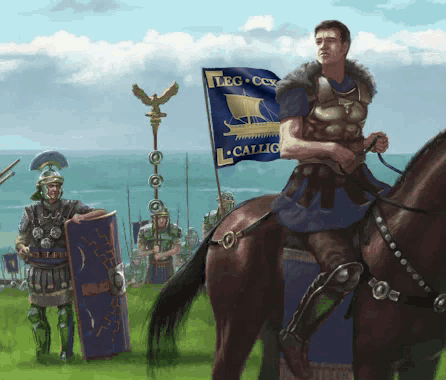 A Man Riding A Horse Holds A Flag That Says Leg Callig GIF