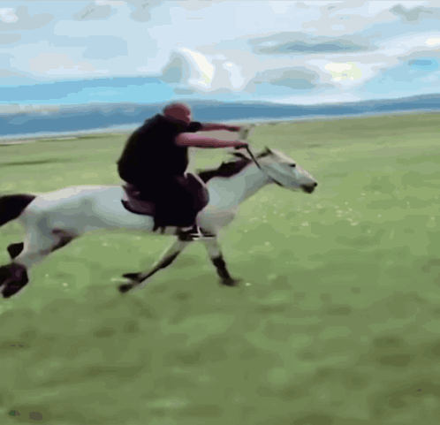 A Man Riding A Horse In A Field With Mountains In The Background GIF