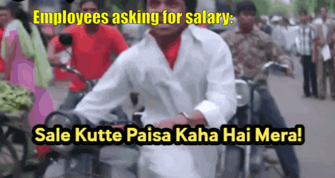 A Man Riding A Motorcycle With The Words " Employees Asking For Salary " On The Bottom GIF