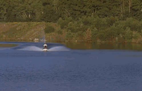 A Man Riding A Purple And Green Jet Ski On A Lake GIF
