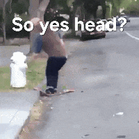 A Man Riding A Skateboard Down A Street With The Words So Yes Head Written On It GIF