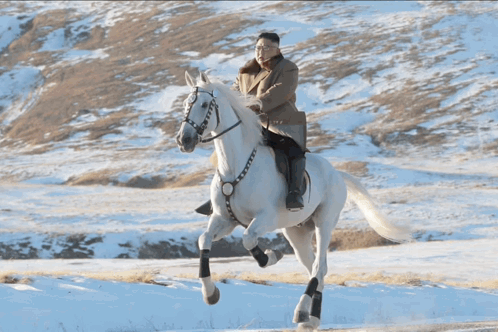 A Man Riding A White Horse On A Snowy Hillside GIF