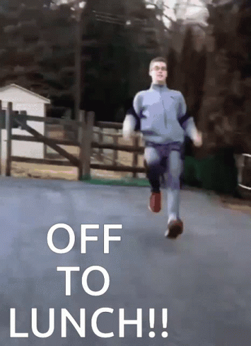 A Man Running Down A Road With The Words Off To Lunch GIF