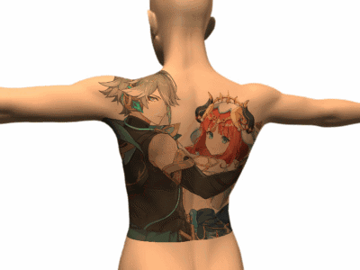 A Man 'S Back Has A Tattoo Of A Man And A Woman GIF